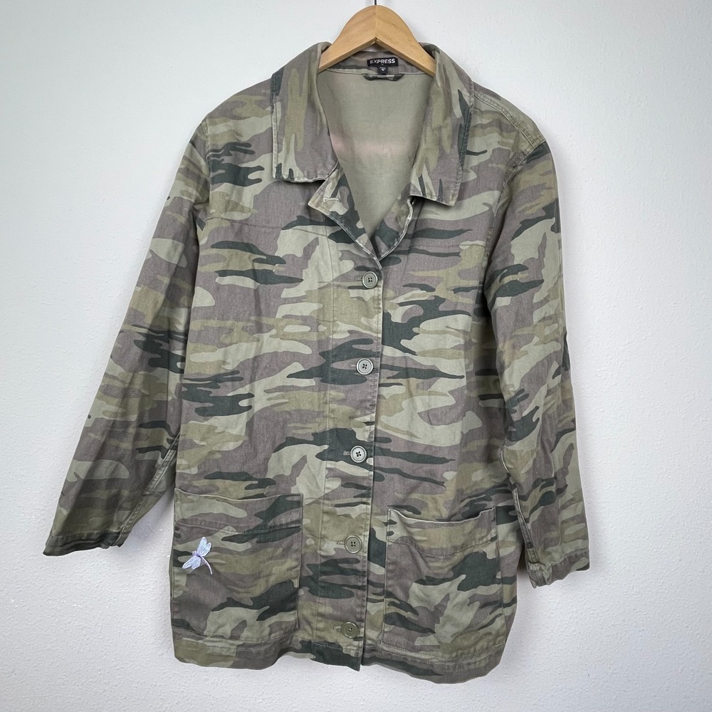 Express Women's Camo Shacket L Military Button Up Arrows Dragonflies Cotton